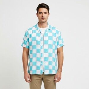 Chubbies The Pawn Rayon Shirt Mens Small Turquoise White Short Sleeve Button-Up